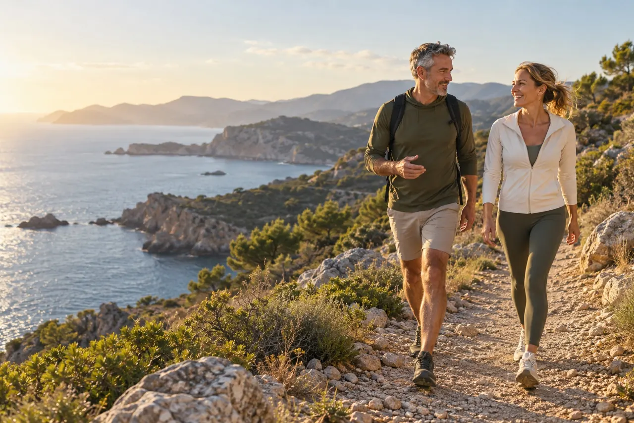 Two adults enjoying a sunlit walk along the coast